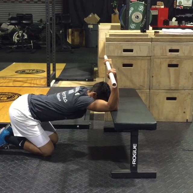 Dowel Assisted Prayer Stretch on Bench (short version)